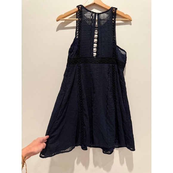 Free People Wherever You Go Mini Dress Size 4 Navy Blue Babydoll Lace Crochet - Picture 6 of 14
